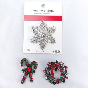 Lot of 3 Christmas Theme Rhinestone Brooch Pin - Snowflake Wreath Candy Cane